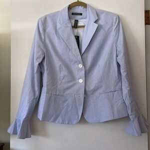 NWT Lauren Blue and White Striped Seersucker Blazer Jacket Size 14 Women’s